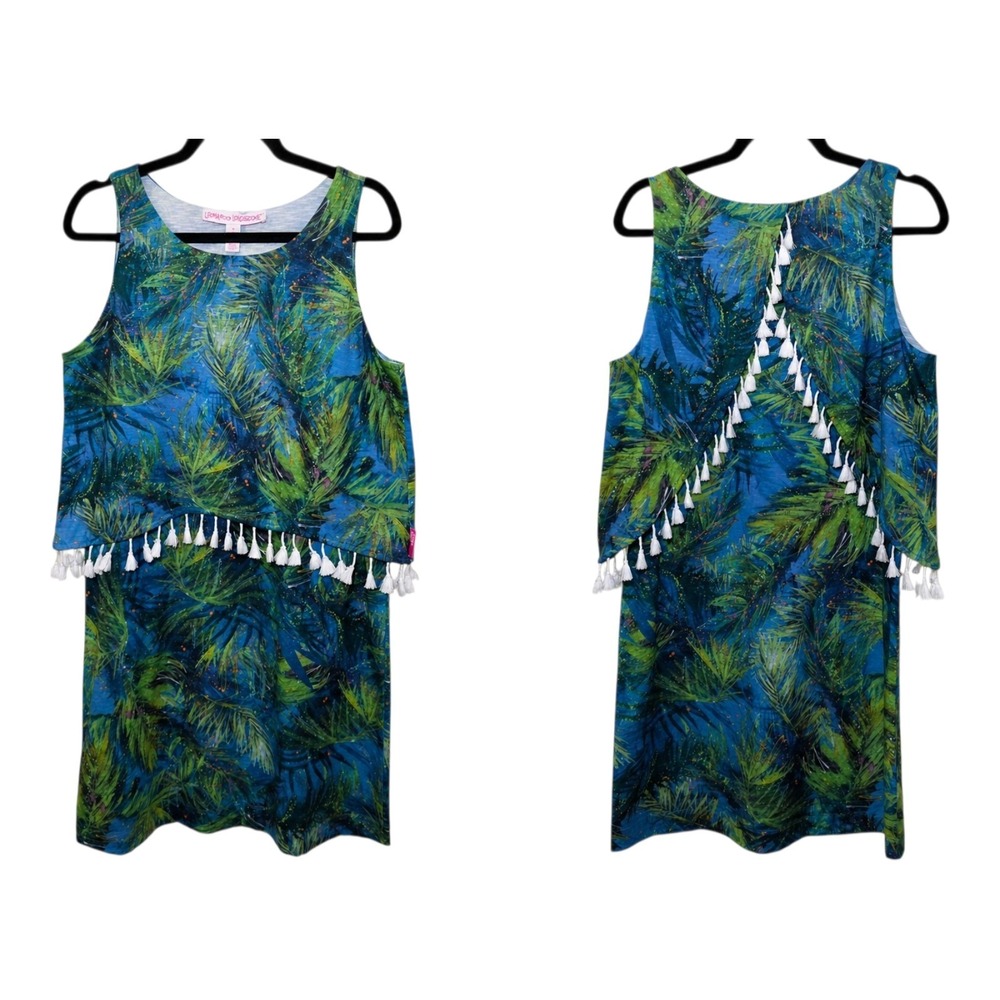 Leoma Lovegrove Dress Womens Medium Tropical Palm Print Tassel Trim Shift Resort